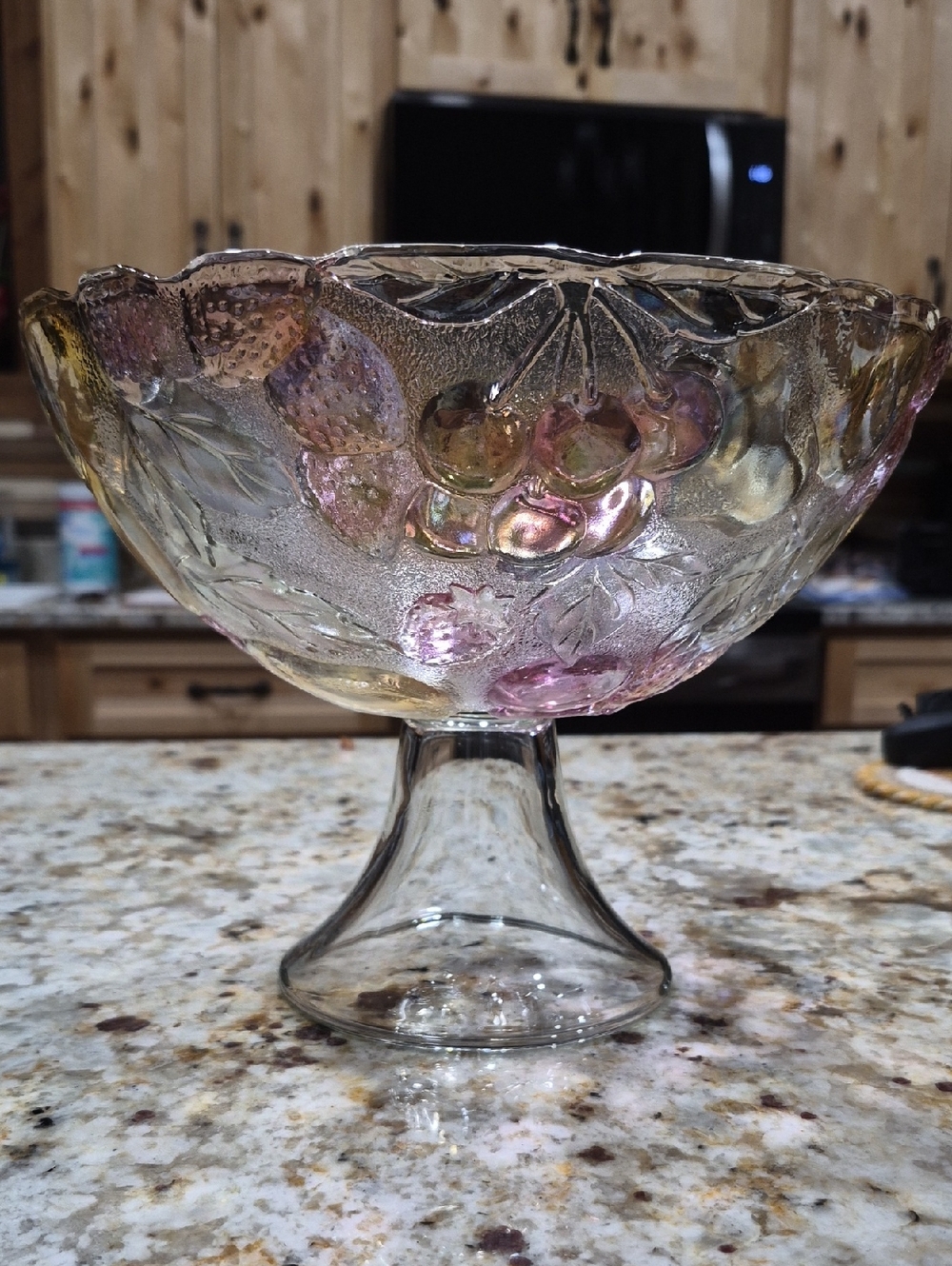 Vintage Indiana Glass Fruit Bowl With Multicolored Fruit Design On Pedastal